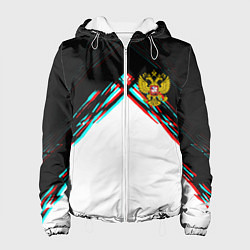 Куртка с капюшоном женская Краски глитч герб РФ, цвет: 3D-белый
