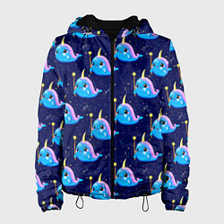 Куртка с капюшоном женская Нарвалы паттерн, цвет: 3D-черный