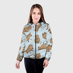 Куртка с капюшоном женская Паттерн с капибарами и мандаринками голубой, цвет: 3D-черный — фото 2
