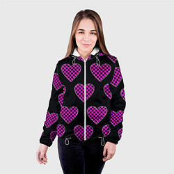 Куртка с капюшоном женская Эмо клетчатый паттерн - сердце черно розовое, цвет: 3D-белый — фото 2
