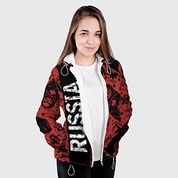 Куртка с капюшоном женская Россия на фоне матрёшек балалайки и славянских узо, цвет: 3D-белый — фото 2