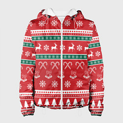 Куртка с капюшоном женская Новогодний паттерн с оленями снежинками леденцами, цвет: 3D-белый