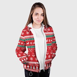 Куртка с капюшоном женская Новогодний паттерн с оленями снежинками леденцами, цвет: 3D-белый — фото 2