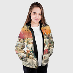 Куртка с капюшоном женская Новогодний город из разноцветных домов, цвет: 3D-черный — фото 2