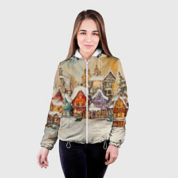 Куртка с капюшоном женская Новогодний городской пейзаж, цвет: 3D-белый — фото 2
