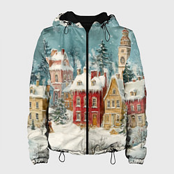 Куртка с капюшоном женская Праздничный новогодний город, цвет: 3D-черный