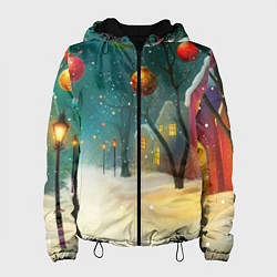 Куртка с капюшоном женская Новогодние шары и тропинка, цвет: 3D-черный