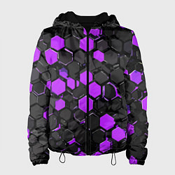 Куртка с капюшоном женская Фиолетово-серые шестиугольники на чёрном фоне, цвет: 3D-черный