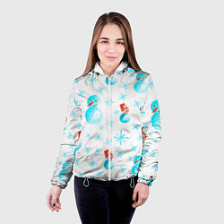 Куртка с капюшоном женская Зимний новогодний узор со снеговиками и снежинками, цвет: 3D-белый — фото 2