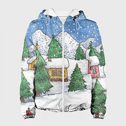 Куртка с капюшоном женская Домики и елки - новый год, цвет: 3D-белый