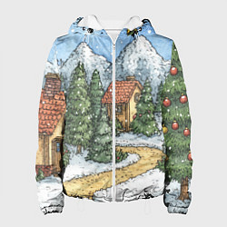 Куртка с капюшоном женская Новогодний пейзаж, цвет: 3D-белый