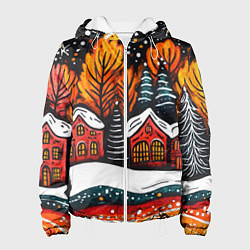 Куртка с капюшоном женская Новогоднее настроение - домики и елки, цвет: 3D-белый