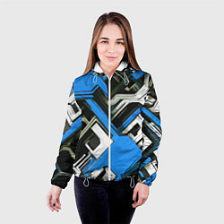 Куртка с капюшоном женская Сине-белый техно паттерн на чёрном фоне, цвет: 3D-белый — фото 2
