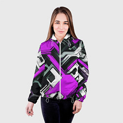 Куртка с капюшоном женская Бело-фиолетовый техно паттерн на чёрном фоне, цвет: 3D-белый — фото 2