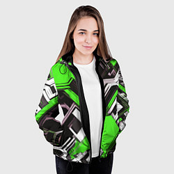 Куртка с капюшоном женская Бело-зелёный техно паттерн на чёрном фоне, цвет: 3D-черный — фото 2