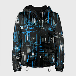 Куртка с капюшоном женская Бело-синяя тревожная абстракция на чёрном фоне, цвет: 3D-черный