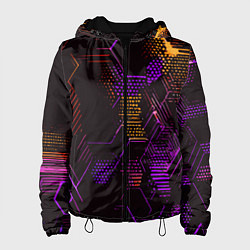 Куртка с капюшоном женская Жёлто-фиолетовые точки и линии на чёрном фоне, цвет: 3D-черный