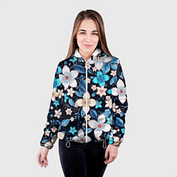 Куртка с капюшоном женская Сине-белые цветы на чёрном фоне, цвет: 3D-белый — фото 2