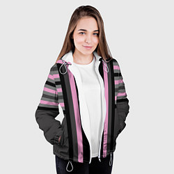 Куртка с капюшоном женская Розово серый полосатый узор, цвет: 3D-белый — фото 2