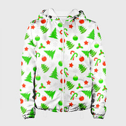 Куртка с капюшоном женская Новогодний ёлочный паттерн, цвет: 3D-белый