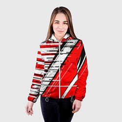 Куртка с капюшоном женская Чёрно-белые глитч полосы на красном фоне, цвет: 3D-белый — фото 2