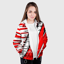 Куртка с капюшоном женская Чёрно-белые глитч полосы на красном фоне, цвет: 3D-белый — фото 2
