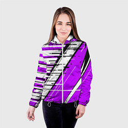 Куртка с капюшоном женская Чёрно-белые глитч полосы на фиолетовом фоне, цвет: 3D-белый — фото 2