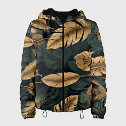 Куртка с капюшоном женская Золотые листья монстеры и перья, цвет: 3D-черный