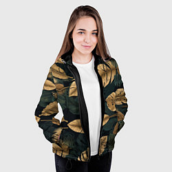 Куртка с капюшоном женская Золотые листья монстеры и перья, цвет: 3D-черный — фото 2