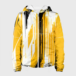 Куртка с капюшоном женская Вертикальные чёрно-белые линии на жёлтом фоне, цвет: 3D-белый