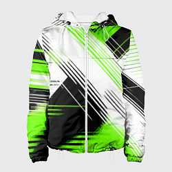 Куртка с капюшоном женская Диагональные бело-зелёные линии на чёрном фоне, цвет: 3D-белый