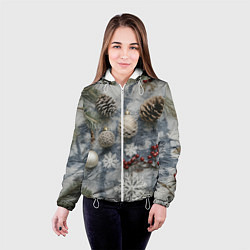 Куртка с капюшоном женская Новогодние игрушки и шишки, цвет: 3D-белый — фото 2