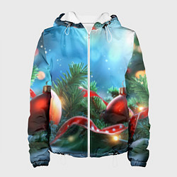 Куртка с капюшоном женская Красные игрушки новогодние, цвет: 3D-белый