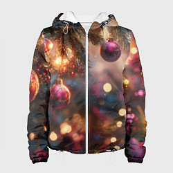 Куртка с капюшоном женская Фиолетовые новогодние шары, цвет: 3D-белый