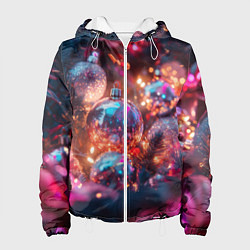 Куртка с капюшоном женская Новогодние шары и фиолетовые блески, цвет: 3D-белый