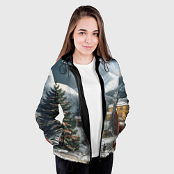 Куртка с капюшоном женская Новогодняя огромная елка и маленькие домики, цвет: 3D-черный — фото 2