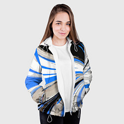 Куртка с капюшоном женская Волнистые бело-синие линии на чёрном фоне, цвет: 3D-белый — фото 2