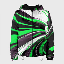 Куртка с капюшоном женская Волнистые чёрно-зелёные линии на белом фоне, цвет: 3D-черный