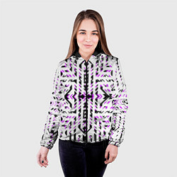 Куртка с капюшоном женская Чёрно-фиолетовые диагональные полосы на белом фоне, цвет: 3D-черный — фото 2