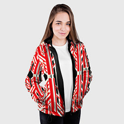 Куртка с капюшоном женская Бело-красные техно полосы на чёрном фоне, цвет: 3D-черный — фото 2
