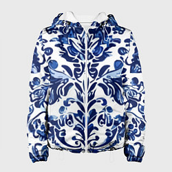Куртка с капюшоном женская Гжель русский узор акварель, цвет: 3D-белый