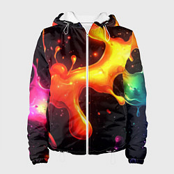 Куртка с капюшоном женская Радужные кляксы на черном фоне, цвет: 3D-белый