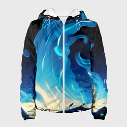 Куртка с капюшоном женская Бело-синее пламя из абстрактных красок, цвет: 3D-белый