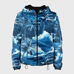 Куртка с капюшоном женская Пальмы и волны - голубые оттенки паттерн, цвет: 3D-черный