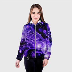 Куртка с капюшоном женская Силуэты цветов на темном фоне - фиолетовое свечени, цвет: 3D-белый — фото 2