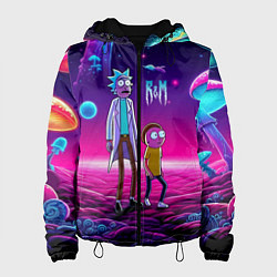 Куртка с капюшоном женская Морти и Рик на планете неоновых сказочных грибов, цвет: 3D-черный