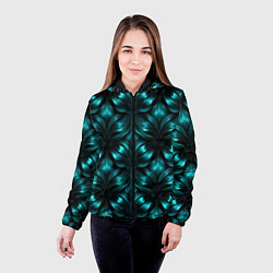 Куртка с капюшоном женская Зеленые узоры из абстрактных листьев - блестящий п, цвет: 3D-черный — фото 2