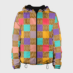 Куртка с капюшоном женская Разноцветные квадратные лоскуты пэчворк, цвет: 3D-черный