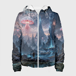 Куртка с капюшоном женская Фантастический мир с медузами и озеро у гор, цвет: 3D-белый
