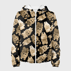 Куртка с капюшоном женская Лабубы на черном паттерн, цвет: 3D-белый